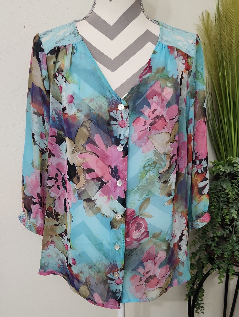 dressbarn Floral Sheer Button-Front Blouse in Aqua & Pink